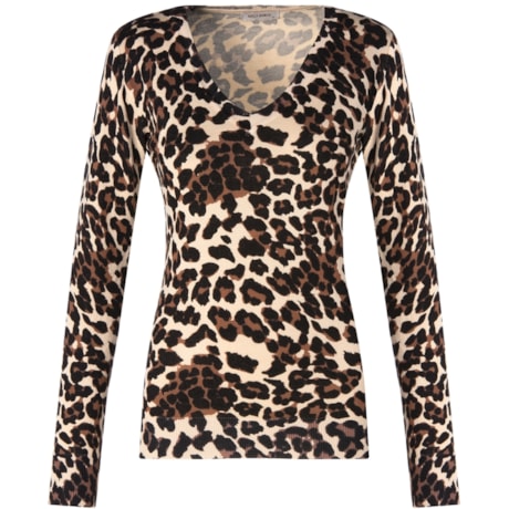 MOÇA BONITA - BLUSA TRICÔ DECOTE V ANIMAL PRINT - MARROM