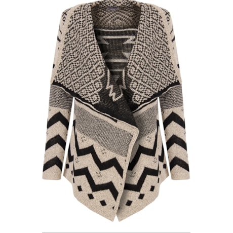 MOÇA BONITA - CARDIGAN ABERTO TRICOT DESENHO ETNICO - P&B MOÇA BONITA - CARDIGAN ABERTO TRICOT DESENHO ETNICO - P&B