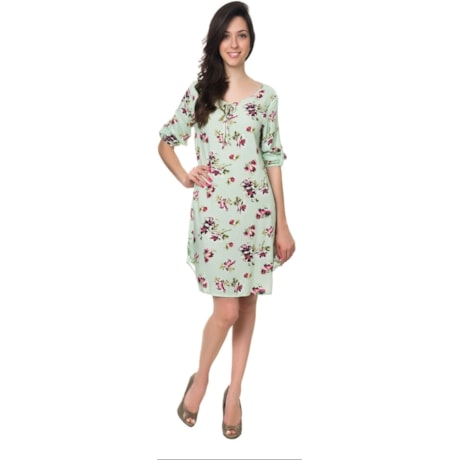 MOÇA BONITA - VESTIDO BATA FLORAL COM RENDA - VERDE ÁGUA