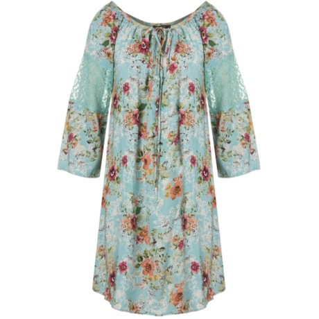 MOÇA BONITA - VESTIDO CIGANA ESTAMPA GARDEN DETALHE RENDA - TURQUESA