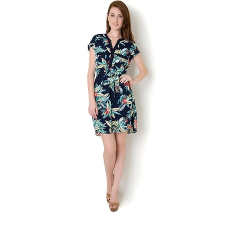 MOÇA BONITA - VESTIDO EM VISCOSE ESTAMPA TROPICAL - MARINHO