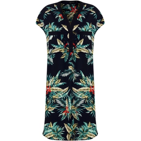 MOÇA BONITA - VESTIDO EM VISCOSE ESTAMPA TROPICAL - MARINHO