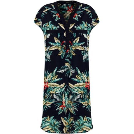 MOÇA BONITA - VESTIDO EM VISCOSE ESTAMPA TROPICAL - MARINHO