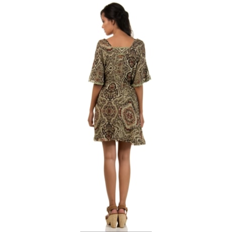 MOÇA BONITA - VESTIDO ESTAMPADO ABERTURA MANGAS COM BOLSOS - OLIVA