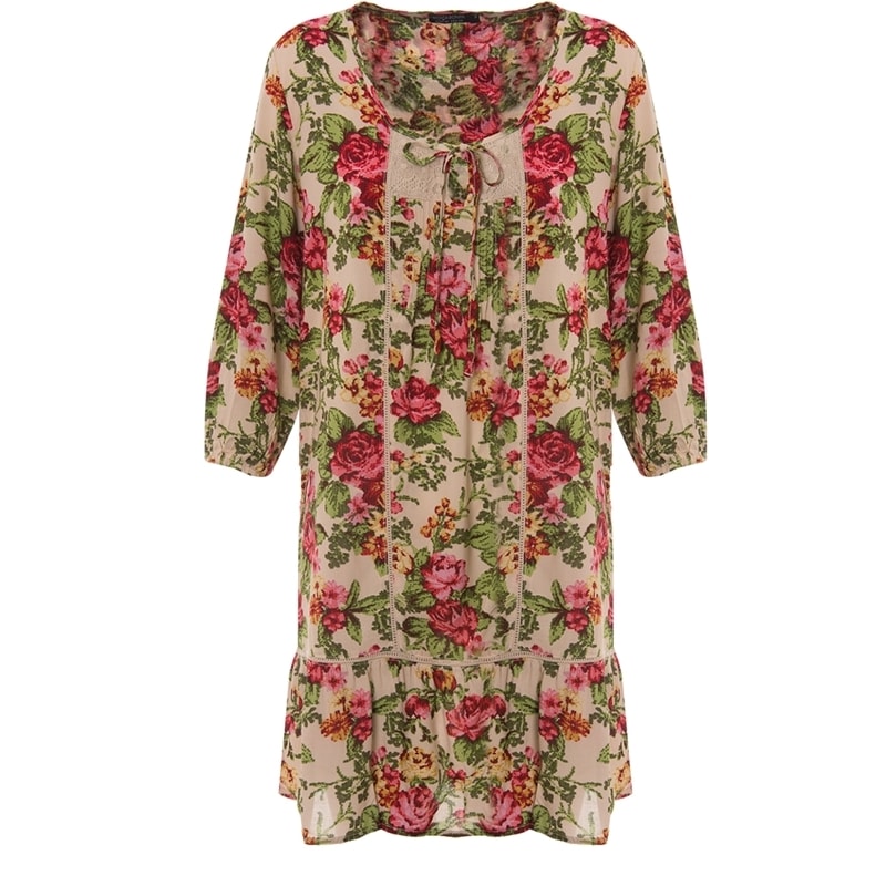 MOÇA BONITA - VESTIDO ESTAMPADO BABADO DETALHE RENDA AJOUR - ROSA