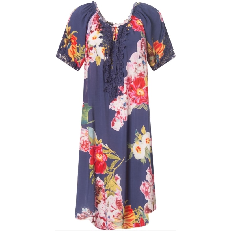 MOÇA BONITA - VESTIDO ESTAMPADO GUIPURE DECOTE E MANGA - MARINHO MOÇA BONITA - VESTIDO ESTAMPADO GUIPURE DECOTE E MANGA - MARINHO