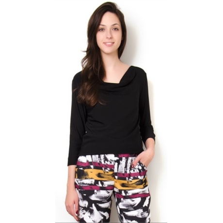 NUTRIA - BLUSA JERSEY GEOMETRICA GOLA DEGAGE - PRETO
