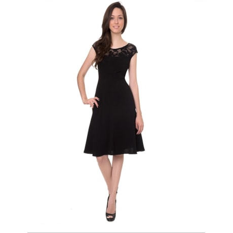 NUTRIA - VESTIDO CREPE COM RENDA E RECORTES - PRETO