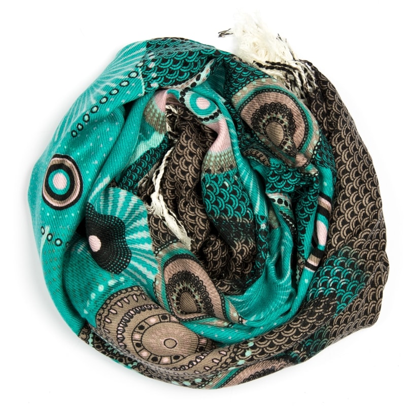 PASHIMINA CAPITOLLIUM ESTAMPAS CIRCULOS FRANJAS - TURQUESA