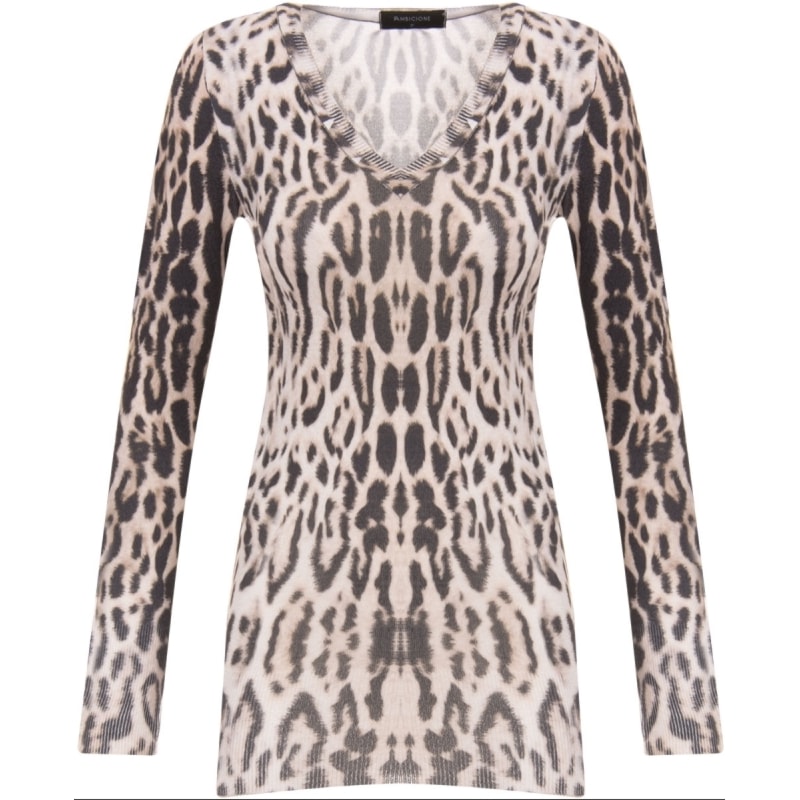PULL TRICOT AMBICIONE ANIMAL PRINT DECOTE V - BEGE