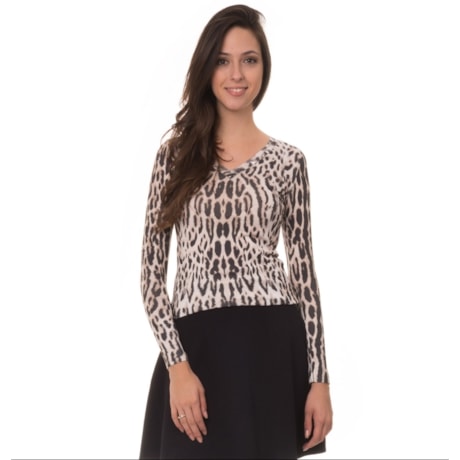 PULL TRICOT AMBICIONE ANIMAL PRINT DECOTE V - PRETO