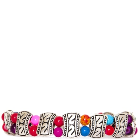 PULSEIRA PRATEADA CONTAS E PLACAS - COLORIDA