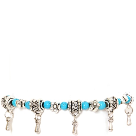 PULSEIRA PRATEADA FLORZINHAS C/ PINGENTES - TURQUESA