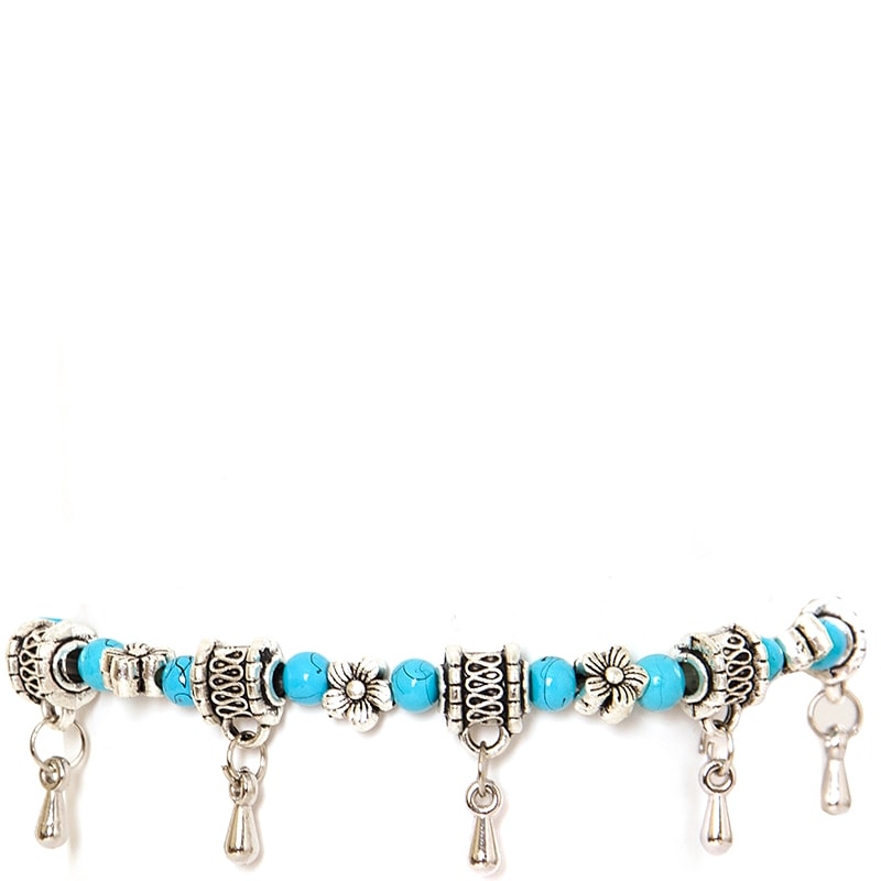 PULSEIRA PRATEADA FLORZINHAS C/ PINGENTES - TURQUESA