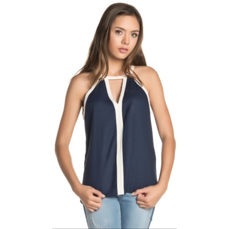 REGATA CREPE CHOLET DETALHE VIÉS OFF WHITE - MARINHO
