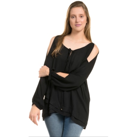 SCALON - BLUSA BATA VISCOSE ABERTURA MANGA - PRETO