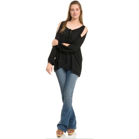 SCALON - BLUSA BATA VISCOSE ABERTURA MANGA - PRETO