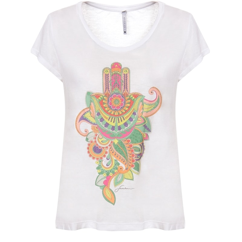 SCALON - BLUSA T-SHIRT ESTAMPA GOOD LUCK MANDALA - BRANCO