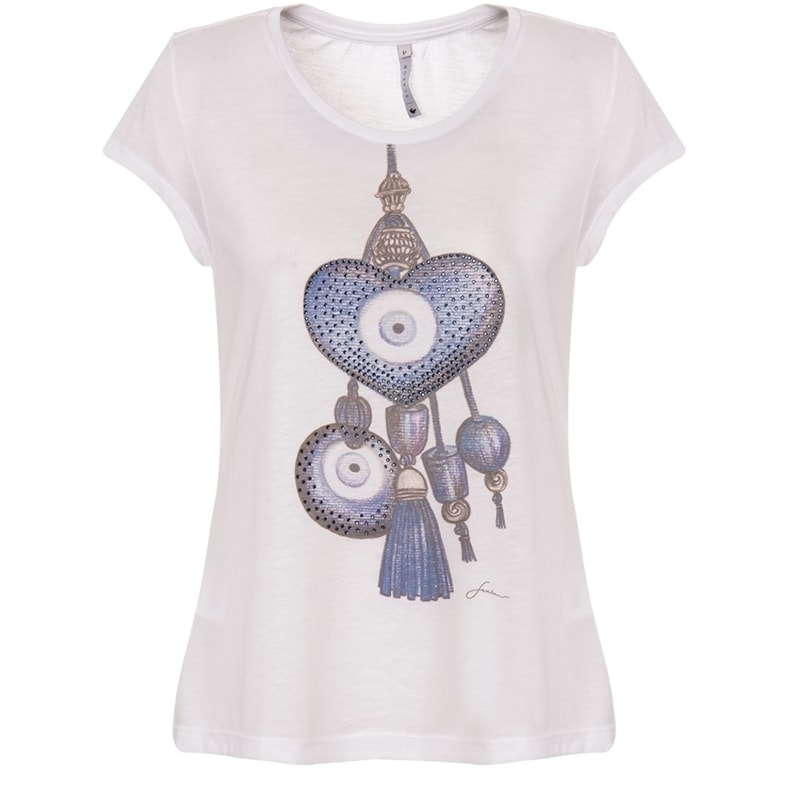SCALON - BLUSA T-SHIRT ESTAMPA GOOD LUCK OLHO GREGO - BRANCO