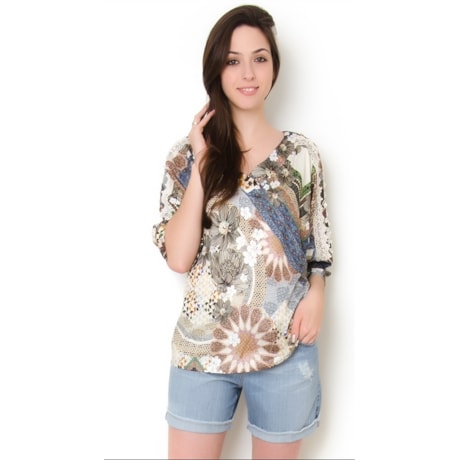 SCALON - BLUSA VISCOSE ESTAMP. RENDA MANGA - BEGE