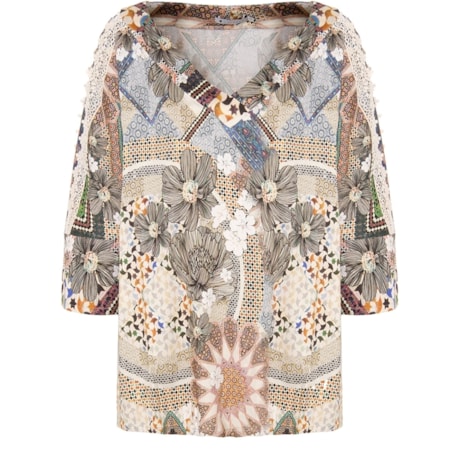 SCALON - BLUSA VISCOSE ESTAMP. RENDA MANGA - BEGE