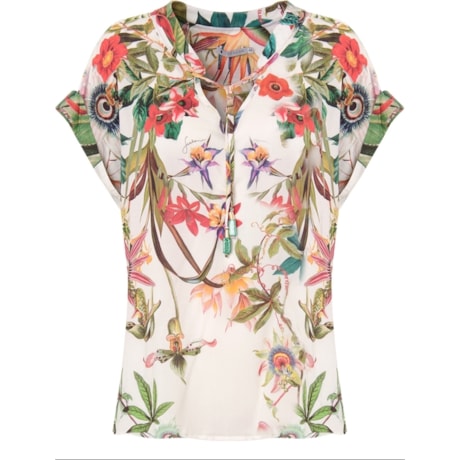 SCALON - BLUSA VISCOSE FLORAL M/C DEC. AMARRAÇÃO - BEGE