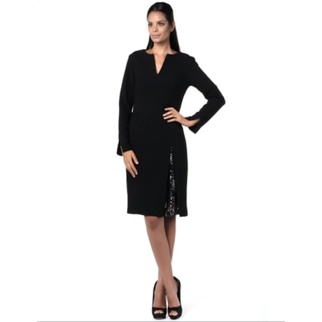 SERGIO GAZ - VESTIDO DETALHE FENDA COM RENDA - PRETO