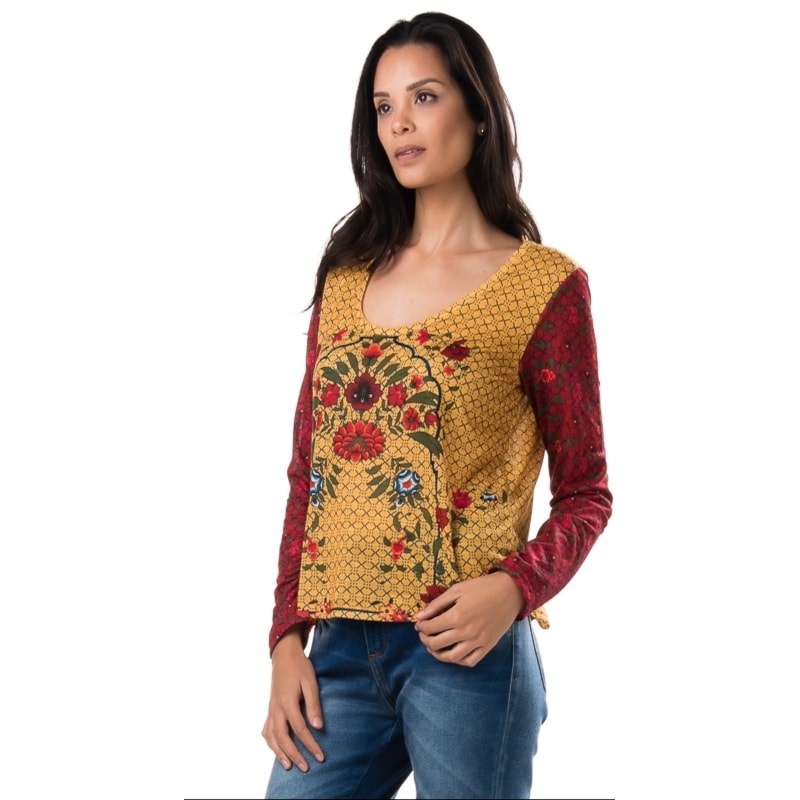 T-SHIRT CANTÃO SILK FLORAL MANGA LONGA - AMARELO