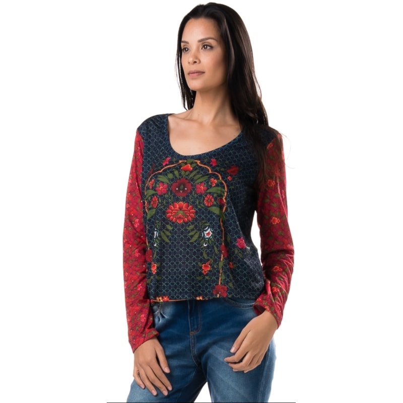 T-SHIRT CANTÃO SILK FLORAL MANGA LONGA - AZUL