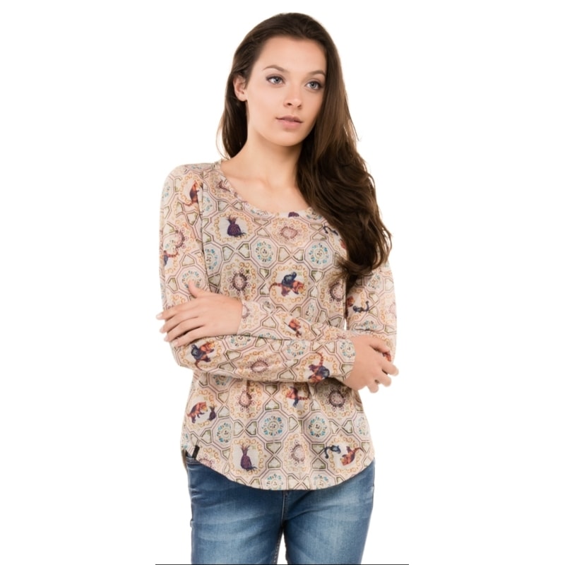 T-SHIRT CANTÃO SILK MOSAICO ABACAXI  MANGA LONGA - BEGE
