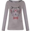 T-SHIRT M/L GATO COM ÓCULOS GOLA CANOA E ACABAMENTO À FIO - MESCLA