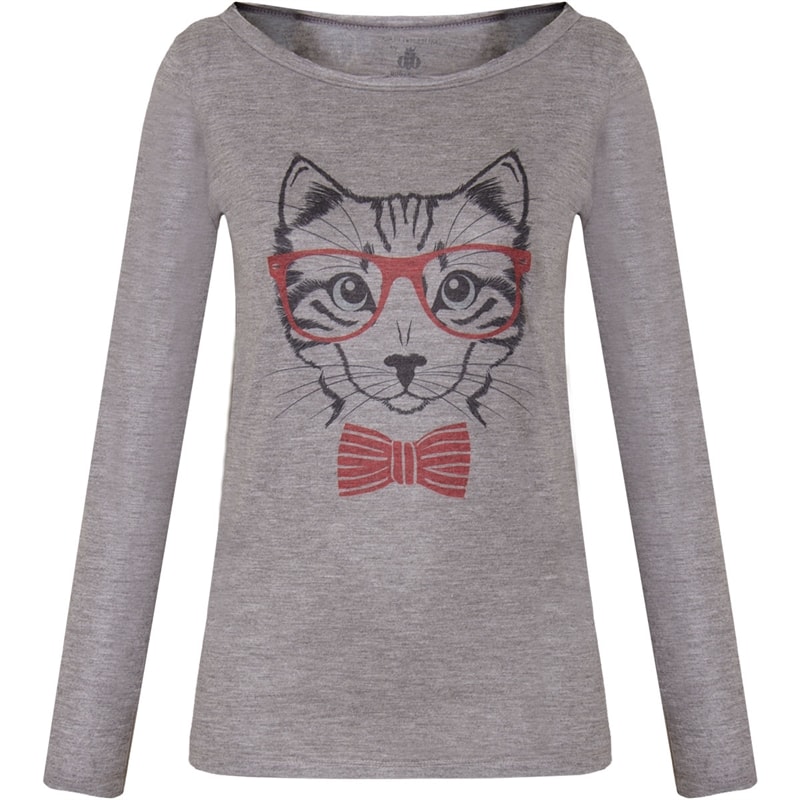 T-SHIRT M/L GATO COM ÓCULOS GOLA CANOA E ACABAMENTO À FIO - MESCLA