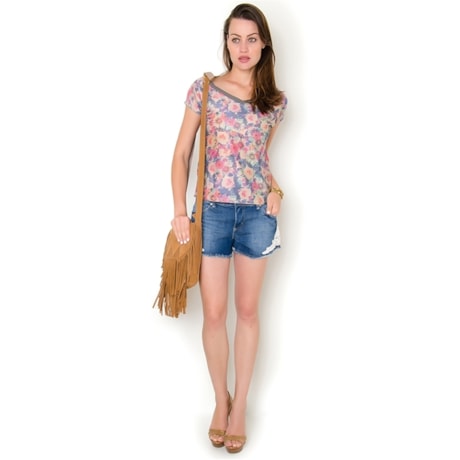 T-SHIRT SUEDE FLORAL - BEGE