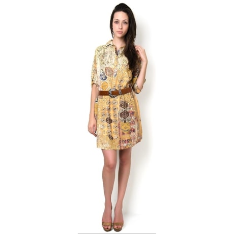 TRIBECA - VESTIDO CREPE BLUSADO ESTAMPA GRAVATARIA - AMARELO