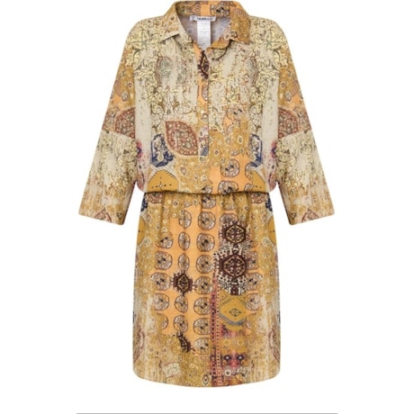 TRIBECA - VESTIDO CREPE BLUSADO ESTAMPA GRAVATARIA - AMARELO