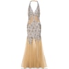 UNIQUE - VESTIDO DE FESTA LONGO FRENTE ÚNICA TULE BORDADO DECOTE COSTAS PROFUNDO - NUDE