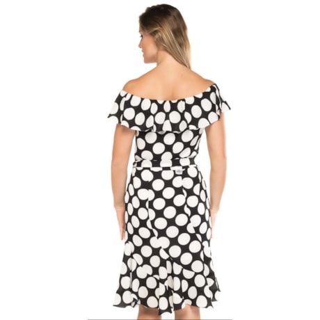 VESTIDO AMISSIMA CHIFFOM POÁ OMBRO A OMBRO - P&B