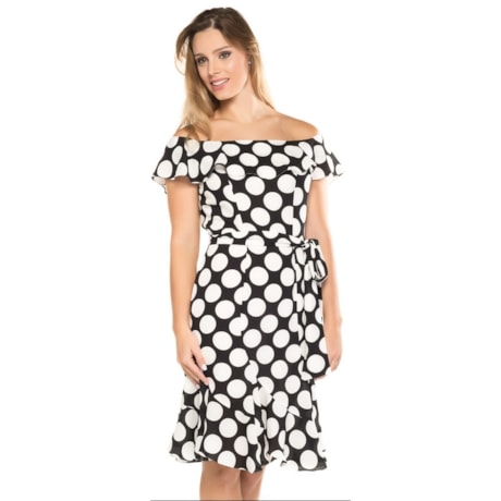 VESTIDO AMISSIMA CHIFFOM POÁ OMBRO A OMBRO - P&B