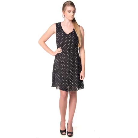 VESTIDO AMÍSSIMA  ESTAMPA POÁ DETALHE RENDA - PRETO VESTIDO AMÍSSIMA  ESTAMPA POÁ DETALHE RENDA - PRETO