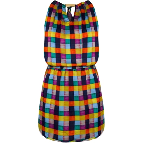 VESTIDO BLUSADO CETIM XADREZ - AZUL VESTIDO BLUSADO CETIM XADREZ - AZUL