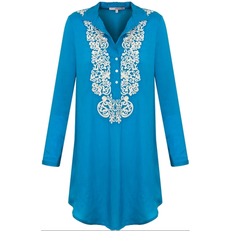 VESTIDO CHEMISE VISCOSE C/ BORDADO - AZUL