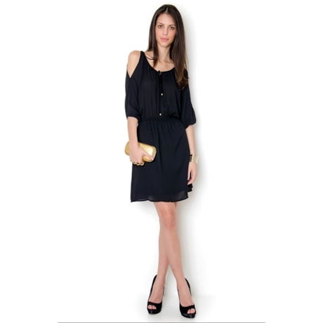 VESTIDO CREPE BLUSÊ M 3/4 C/ CORDÃO - PRETO