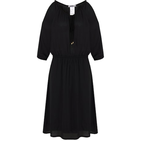VESTIDO CREPE BLUSÊ M 3/4 C/ CORDÃO - PRETO