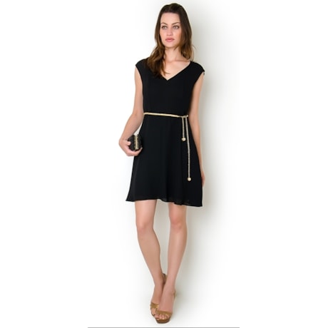VESTIDO CURTO EM CHIFFON DETALHE COSTA EM GUIPURE - PRETO