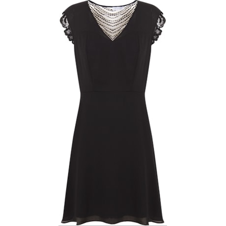 VESTIDO CURTO EM CHIFFON DETALHE COSTA EM GUIPURE - PRETO