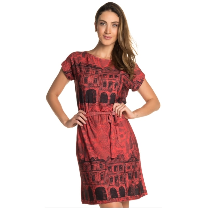 VESTIDO CURTO STATI UNITI ESTAMPA  CIDADE ANTIGA - VERMELHO