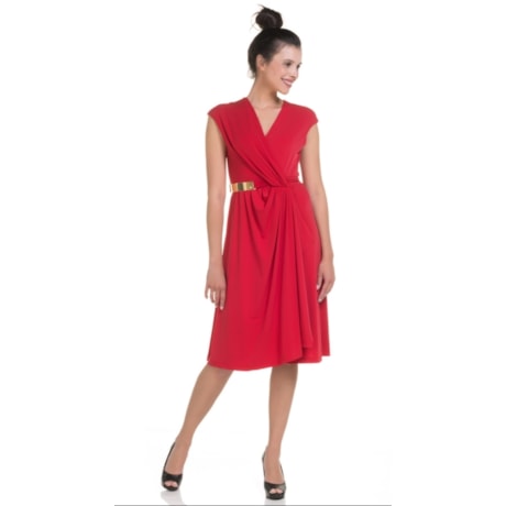 VESTIDO DE FESTA ALPHORRIA MIDI JERSEY PREGAS CINTO METAL - VERMELHO