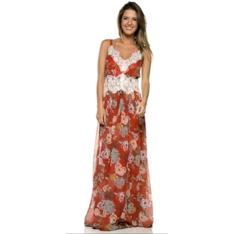 VESTIDO DE FESTA AMISSIMA FLORAL COM RENDA - LARANJA VESTIDO DE FESTA AMISSIMA FLORAL COM RENDA - LARANJA