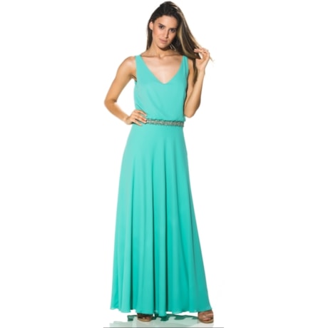 VESTIDO DE FESTA AMÍSSIMA LONGO BORDADO CINTURA E CORRENTE COSTAS - VERDE ÁGUA VESTIDO DE FESTA AMÍSSIMA LONGO BORDADO CINTURA E CORRENTE COSTAS - VERDE ÁGUA