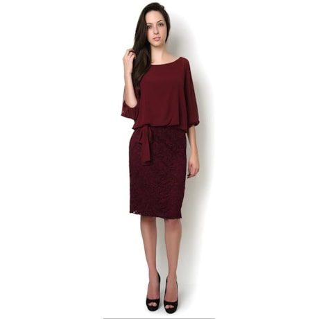 VESTIDO DE FESTA ANTHOLOGIA CURTO BLUSADO CHIFFON SAIA RENDA - MARSALA